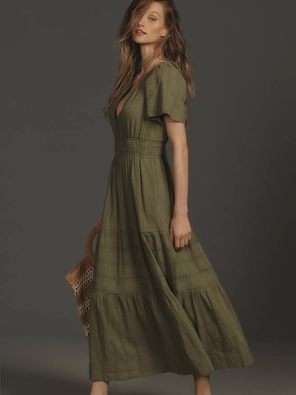 Anthropologie Somerset Maxi Dress Smocked Textured Cotton Olive Green Size Xs